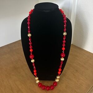 Y2K Charming Charlie's Red Orange Gold Beaded Necklace Maximalist Colorful Party